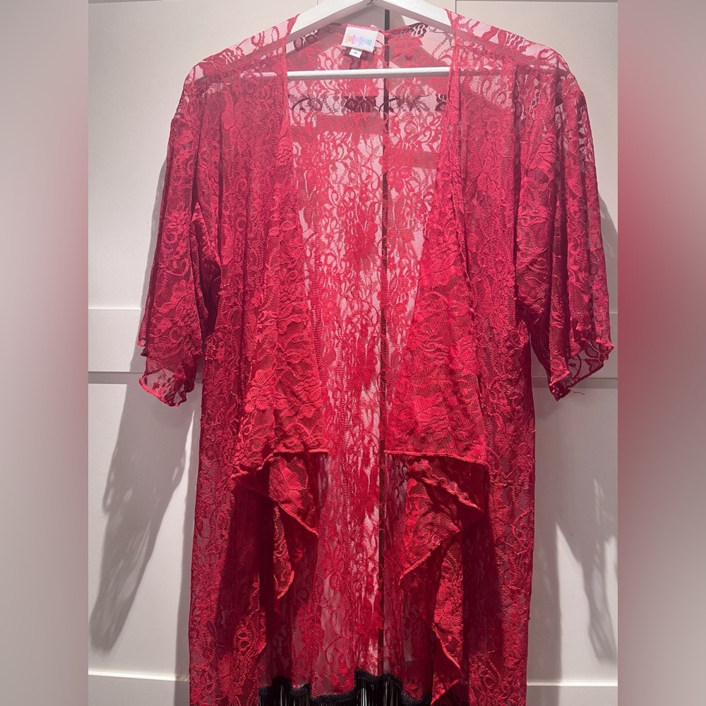 Lularoe Lindsay Cover Up Red Lace with Black Fringe
